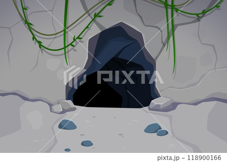 Cave entrance nestled in rocky terrain, adorned with hanging green vines, evokes a sense of mystery and adventure. Cartoon vector natural environment background for game, book, or exploration theme 118900166