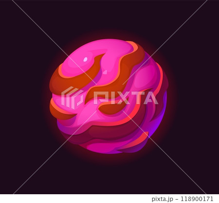 Cartoon galaxy fantasy alien pink space planet with lava or nebula, vector icon. Mysterious alien planet with red and pink terrain landscape in space or fantasy galaxy for extraterrestrial adventure 118900171