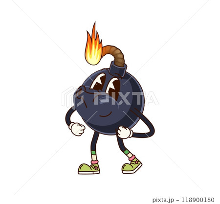 Groovy bomb character with burning wick. Isolated cartoon vector explosive weapon retro personage with expressive eyes and vintage sneakers, cheerfully whistling fun melody as its fuse ignites Groovy bomb character with burning wick. Isolated cartoon vector explosive weapon retro personage with expressive eyes and vintage sneakers, cheerfully whistling fun melody as its fuse ignites 118900180