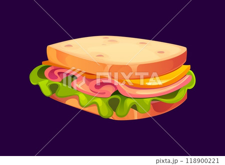 Cartoon sandwich with layers of lettuce, ham, cheese, and slices of fresh bread. Isolated vector classic fast food meal. Tasty homemade sandwich with delicious healthy ingredients, wholesome meal Cartoon sandwich with layers of lettuce, ham, cheese, and slices of fresh bread. Isolated vector classic fast food meal. Tasty homemade sandwich with delicious healthy ingredients, wholesome meal 118900221