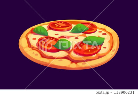 Cartoon pizza fast food meal. Isolated vector whole Italian pizza snack topped with fresh tomato slices and basil leaves lying on cheese layer and golden crust. Appetizing dish with tasty ingredients 118900231