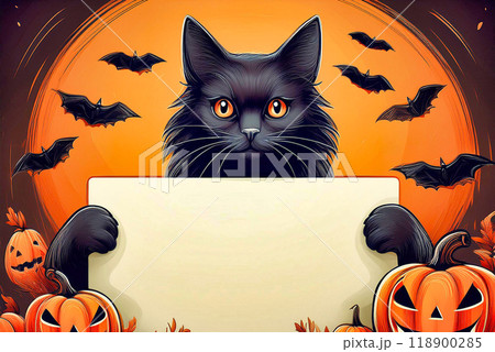 Black cat holding sign with empty space for text on halloween background with pumpkins and bats. 118900285