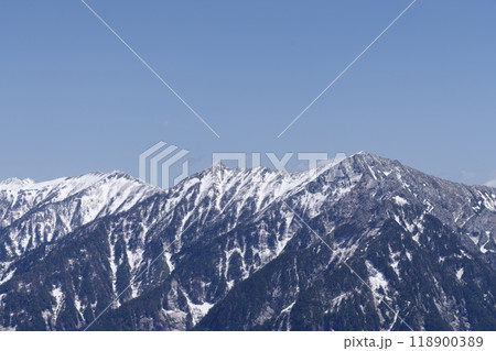 5月上旬の立山黒部アルペンルート　大観峰展望台からの後立山連峰（赤沢岳　鳴沢岳　岩小屋沢岳）の眺め 118900389