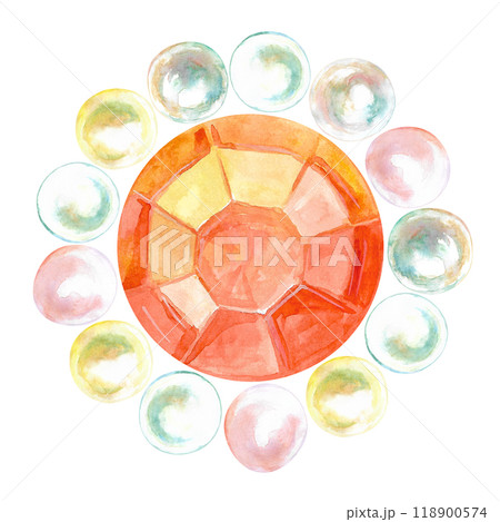 Pearl beads surrounding orange crystal half sphere faceted gem hand-painted in watercolor. Brooch for necklace from precious pearls stringing in the round shape. Illustration drawn of mother-of-pearl 118900574