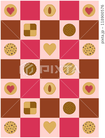 バレンタインカラーのチェック柄とクッキーのポップなシームレス背景_縦 118900576