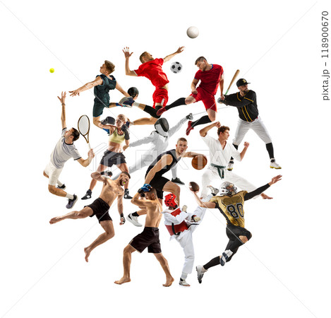 Creative collage. Athletic young people, men and women in motion, practicing, performing different kind of sports isolated on white background. 118900670