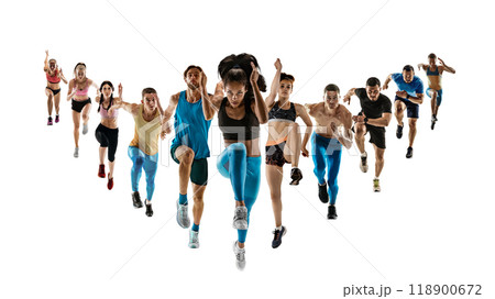 Muscular and athletic men and women, runners in motion, taking part in marathon isolated on white background. Creative collage. Muscular and athletic men and women, runners in motion, taking part in marathon isolated on white background. Creative collage. 118900672