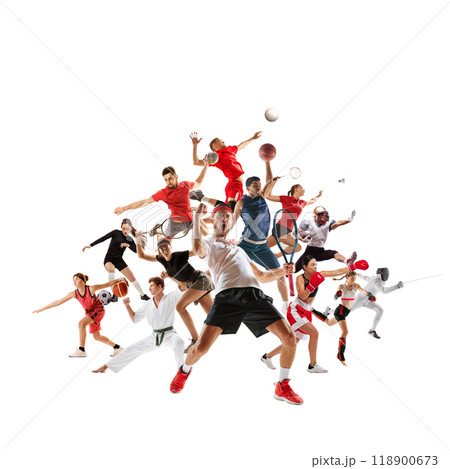 Dynamic image of sportive young men and women, people practicing different kind of sports isolated on white background. Creative collage. Dynamic image of sportive young men and women, people practicing different kind of sports isolated on white background. Creative collage. 118900673