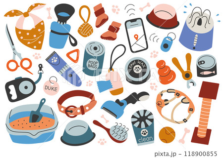 Vector illustration set of pet accessories and supply in flat cartoon style. Collars, leashes, grooming tools, bowls for cats and dogs. Toys for puppies. Pet care, animal products collection 118900855