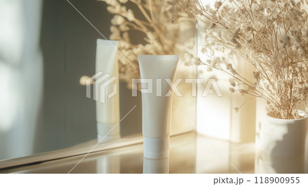 A tube of cream is positioned on a countertop, reflecting softly in a mirror alongside a vase of delicate flowers in morning light. 118900955