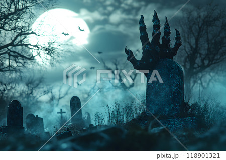ゾンビの手が浮かび上がる墓地での満月の夜 - ハロウィンホラーとスリラーの恐怖風景 118901321