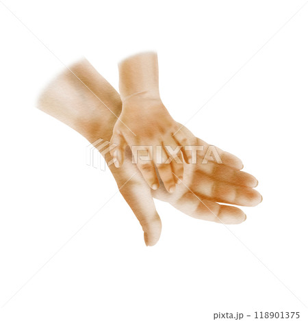 Mother's hand and a newborn baby hand in touching pose as a symbol of motherhood, tenderness,love,continuity,infinity.Hand drawn watercolor clipart on white background in soft colors for Mother’s Day Mother's hand and a newborn baby hand in touching pose as a symbol of motherhood, tenderness,love,continuity,infinity.Hand drawn watercolor clipart on white background in soft colors for Mother’s Day 118901375