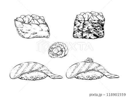 Traditional Japanese food, nigiri inari gunkan sushi with raw fish tuna salmon seabass, alaska roll hand drawn in vector pen and ink. Set of elements for restaurant, cafe menu, kitchen, recipe book Traditional Japanese food, nigiri inari gunkan sushi with raw fish tuna salmon seabass, alaska roll hand drawn in vector pen and ink. Set of elements for restaurant, cafe menu, kitchen, recipe book 118901559