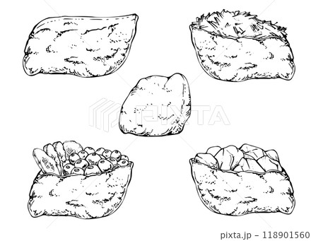 Traditional Japanese food, inari sushi with raw fish salmon tuna crab, tofu wrap, caviar cucumber ginger hand drawn in vector pen, ink. Set of elements for restaurant, cafe menu, kitchen, recipe book Traditional Japanese food, inari sushi with raw fish salmon tuna crab, tofu wrap, caviar cucumber ginger hand drawn in vector pen, ink. Set of elements for restaurant, cafe menu, kitchen, recipe book 118901560