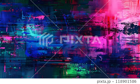 Digital Abstract Glitch Background with Pixelated Lines and Color Distortion in Neon Pink and Blue on a Dark Futuristic Background 118901586