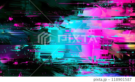 Vibrant Neon Electric Pink and Blue Glitch Art Background with Pixelated Lines and Distortion for Modern Digital Design 118901587