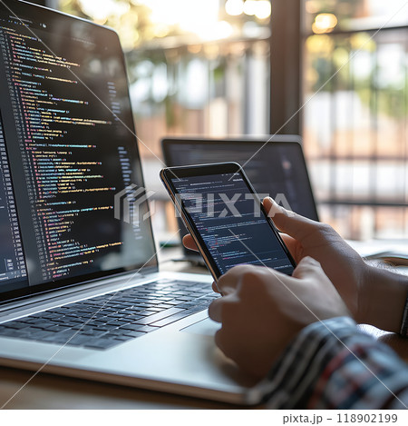 ノートPCとスマホでコーディング - モバイルとデスクトップのプログラミング作業風景 118902199