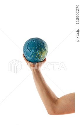Vertical image. Male muscular hand holding handball ball isolated on white background 118902276