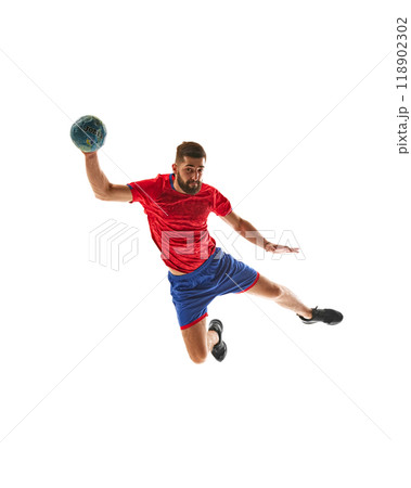 Full-length dynamic image of competitive young man, handball player in motion, playing with focus isolated on white background Full-length dynamic image of competitive young man, handball player in motion, playing with focus isolated on white background 118902302