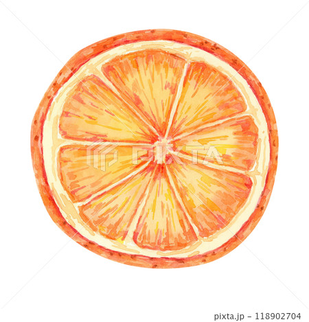 An orange slice in vibrant orange tones, Watercolor illustration, perfect for summer-themed designs, food blogs and kitchen decor. Detailed citrus fruit clipart for recipe books and beverage packaging 118902704