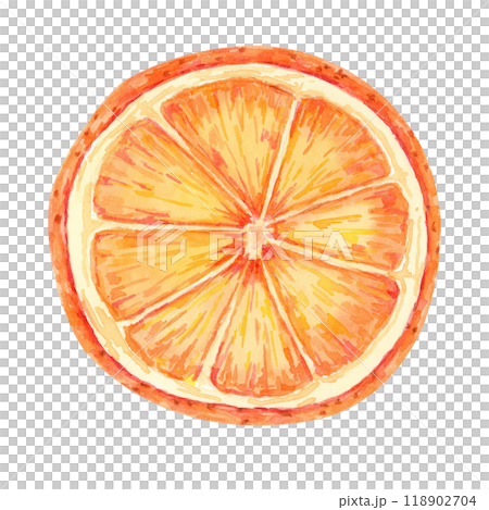 An orange slice in vibrant orange tones, Watercolor illustration, perfect for summer-themed designs, food blogs and kitchen decor. Detailed citrus fruit clipart for recipe books and beverage packaging 118902704