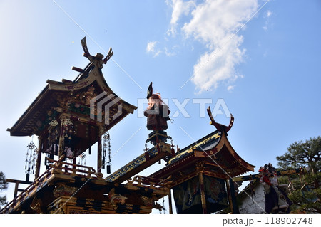 岐阜県の高山市　春の高山祭屋台の総曳き揃え　からくり人形の龍神台　龍神が紙吹雪を上げ、怒り舞う姿 118902748