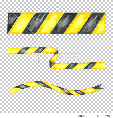 Set of black and yellow striped safety tapes. Watercolor clipart of the warning barrier. Ideal for use in safety posters, construction site designs, and workplace safety branding Set of black and yellow striped safety tapes. Watercolor clipart of the warning barrier. Ideal for use in safety posters, construction site designs, and workplace safety branding 118902760