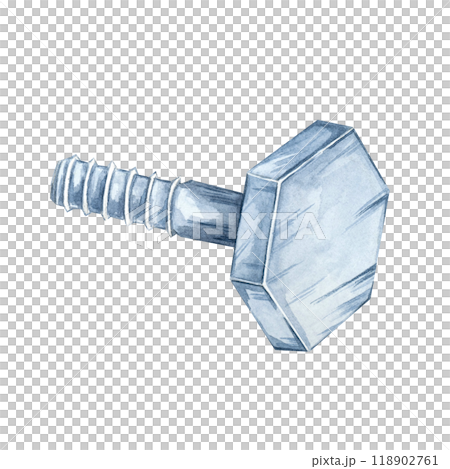 Metal bolt with a hexagonal head and threaded shaft. Watercolor clipart of the workshop tool. Perfect for use in mechanical designs, tool branding, DIY, flyers and industrial engineering projects Metal bolt with a hexagonal head and threaded shaft. Watercolor clipart of the workshop tool. Perfect for use in mechanical designs, tool branding, DIY, flyers and industrial engineering projects 118902761