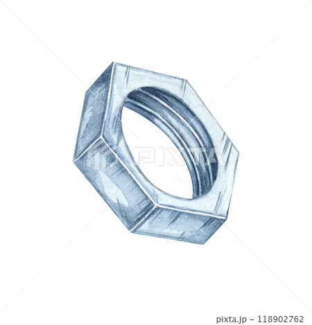 Hexagonal metal nut, with detailed metallic textures and shading. Watercolor clipart of the workshop tool. Ideal for use in mechanical designs, tool branding, flyers or engineering projects 118902762