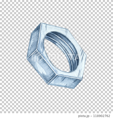 Hexagonal metal nut, with detailed metallic textures and shading. Watercolor clipart of the workshop tool. Ideal for use in mechanical designs, tool branding, flyers or engineering projects Hexagonal metal nut, with detailed metallic textures and shading. Watercolor clipart of the workshop tool. Ideal for use in mechanical designs, tool branding, flyers or engineering projects 118902762