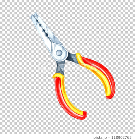 Pair of pliers with red and yellow handles and built-in wire cutter. Watercolor clipart of the workshop tool. Suitable for electronics, DIY projects, hardware store branding, flyers and tool catalogs Pair of pliers with red and yellow handles and built-in wire cutter. Watercolor clipart of the workshop tool. Suitable for electronics, DIY projects, hardware store branding, flyers and tool catalogs 118902763