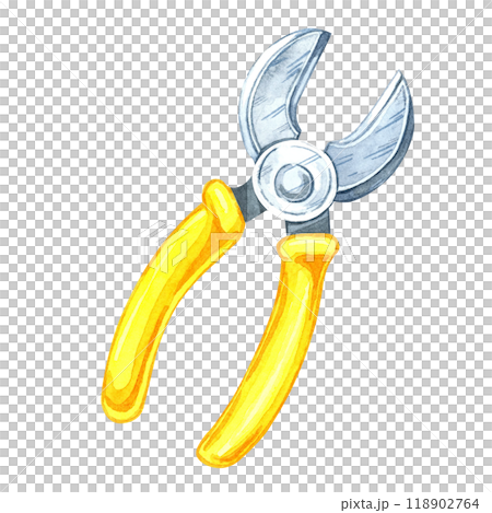 Wire cutter with vibrant yellow handles and a sharp metallic cutting edge. Watercolor clipart of the workshop tool. Ideal for electronics-related designs, tool branding, or instructional materials Wire cutter with vibrant yellow handles and a sharp metallic cutting edge. Watercolor clipart of the workshop tool. Ideal for electronics-related designs, tool branding, or instructional materials 118902764