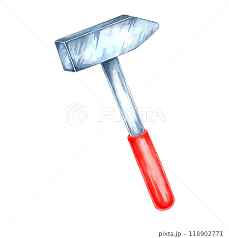 Hammer with a metallic head and a distinctive red handle. Watercolor clipart of the workshop tool. Perfect for construction websites, DIY project graphics, and hardware store branding, flyers 118902771