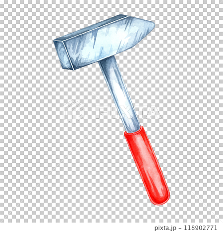Hammer with a metallic head and a distinctive red handle. Watercolor clipart of the workshop tool. Perfect for construction websites, DIY project graphics, and hardware store branding, flyers 118902771