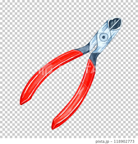 Pair of metal pliers with bright red handles. Watercolor clipart of the workshop tool. Ideal for use in construction-related designs, tool kits, instructional materials, and DIY project presentations Pair of metal pliers with bright red handles. Watercolor clipart of the workshop tool. Ideal for use in construction-related designs, tool kits, instructional materials, and DIY project presentations 118902773