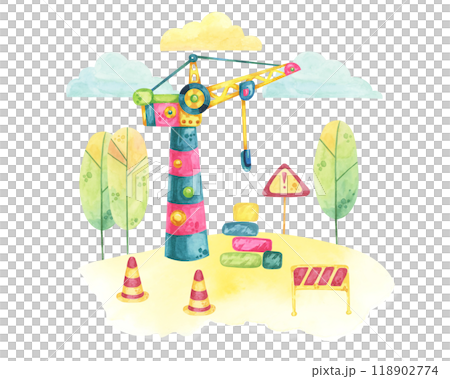 Colorful tower crane set in a construction site with barriers, road signs, and trees. Vehicle toy Watercolor clipart for use in construction project illustrations, children's storybooks, or posters 118902774