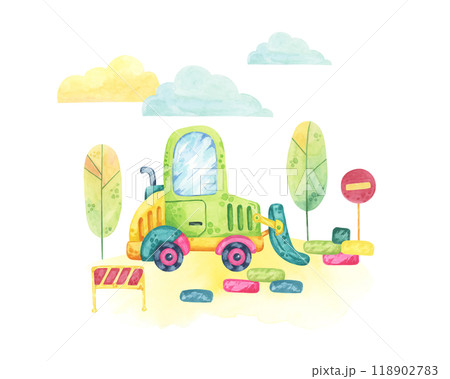 Green bulldozer navigating a small construction site with signs and barriers. Vehicle toy Watercolor clipart for use in children's educational materials, party supplies, or toy product packaging Green bulldozer navigating a small construction site with signs and barriers. Vehicle toy Watercolor clipart for use in children's educational materials, party supplies, or toy product packaging 118902783