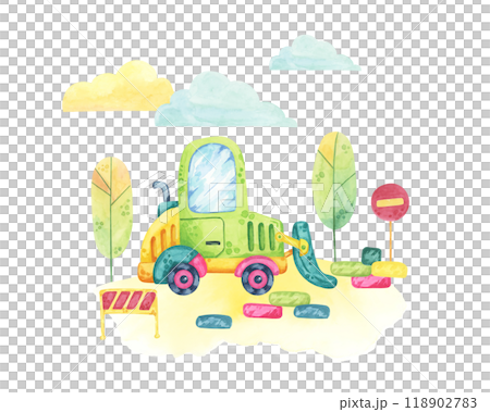 Green bulldozer navigating a small construction site with signs and barriers. Vehicle toy Watercolor clipart for use in children's educational materials, party supplies, or toy product packaging 118902783