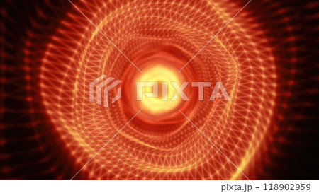 A glowing golden wireframe tunnel spiraling towards a bright center, creating a mesmerizing abstract design for technology, sci-fi, and digital themes 118902959