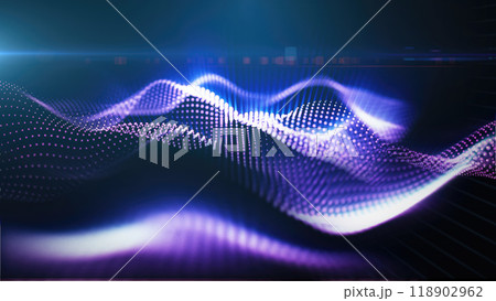 A mesmerizing display of purple glowing particle waves, representing abstract energy flows against a dark background 118902962