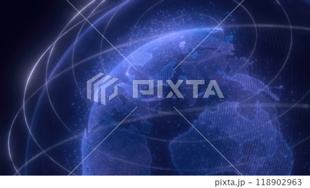 A digital representation of blue Earth with glowing lines encircling the planet, highlighting global connectivity and technology 118902963