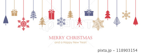 hanging christmas tree and gift decoration greeting card vector illustration 118903154