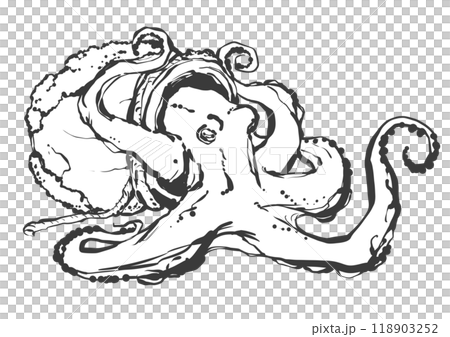 Hand-drawn illustration of an octopus pot and an octopus Hand-drawn illustration of an octopus pot and an octopus 118903252