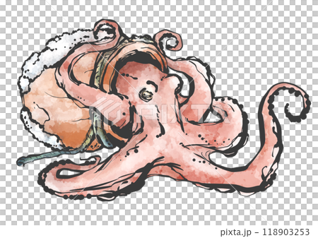 章魚罐和章魚的手寫畫筆繪畫風格插圖 118903253