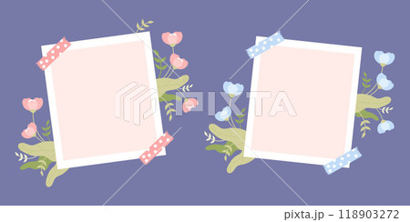 Instant photo frame set. Photography with empty space with soft pink and blue flowers and leaves. Vector illustration. Isolated template in flat style for holiday design. Instant photo frame set. Photography with empty space with soft pink and blue flowers and leaves. Vector illustration. Isolated template in flat style for holiday design. 118903272