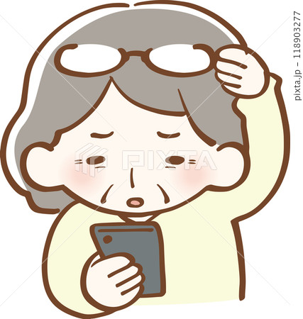 老眼でスマートフォンが見えづらい高齢者女性 イラスト 老眼でスマートフォンが見えづらい高齢者女性 イラスト 118903277