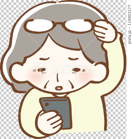 老眼でスマートフォンが見えづらい高齢者女性 イラスト 老眼でスマートフォンが見えづらい高齢者女性 イラスト 118903277