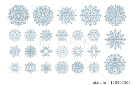 Vector hand-drawn snowflakes set. Delicate snow icon silhouettes. Isolated on white background. Design elements for Christmas, winter prints, seasonal greetings, or any use. Vector hand-drawn snowflakes set. Delicate snow icon silhouettes. Isolated on white background. Design elements for Christmas, winter prints, seasonal greetings, or any use. 118903562