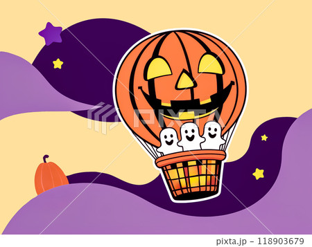 ハロウィンかぼちゃの気球で夜空を楽しむ3人のゴーストのイラスト素材