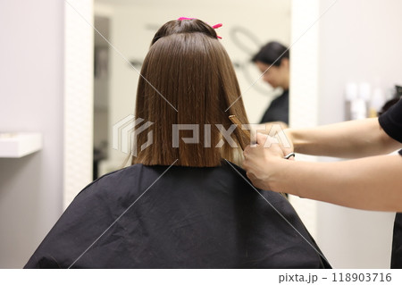 Unrecognisable hairdresser cutting female client hair with professional barber scissors and comb and making stylish haircut short bob hairstyle in beauty salon. Hair care, hair salon and hairstyling Unrecognisable hairdresser cutting female client hair with professional barber scissors and comb and making stylish haircut short bob hairstyle in beauty salon. Hair care, hair salon and hairstyling 118903716
